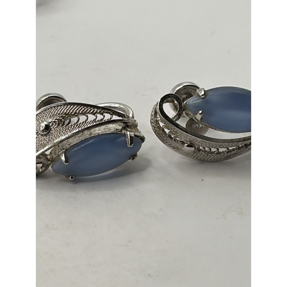 Baby Blue Cats Eye Sorrento Filigree Sterling Silver Screw Back Earring 925